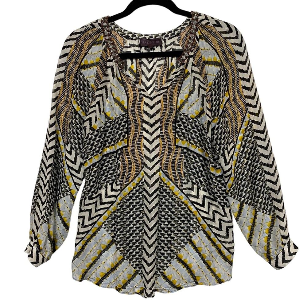 Hale Bob Black Geometric 100% Silk Beaded Neck Blouse Top Size Small Artsy